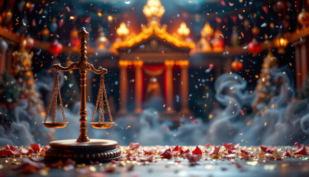 Golden justice scale with red petals and smoke in front of glowing ornate temple, creating mystical and elegant atmosphere
