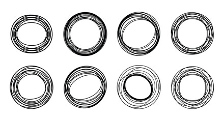 Collection of eight hand-drawn scribble circle frames with a chaotic and messy texture for artistic borders and highlighting.