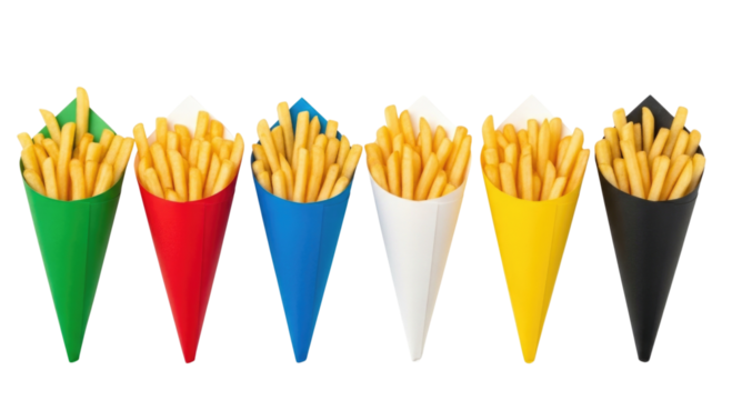 French fries in colorful cones transparent background cutout png