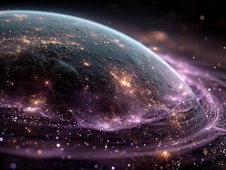 Futuristic Digital Earth with Glowing Purple Blue Particles and Swirling Orbital Rings 3D Render