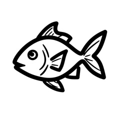 A clean, bold black and white line art illustration of a stylized fish, perfect for children's designs, educational resources, or aquatic themes.
