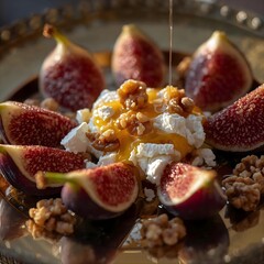 "Mediterranean Zenith" - Honey Drizzling over Figs, Ricotta, and Walnuts on a Gold Platter