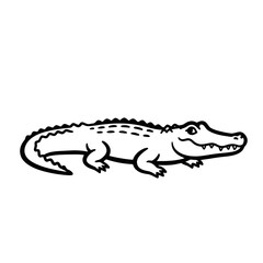 A charming, simple black and white line art illustration of a friendly cartoon alligator, perfect for children's books or educational materials, isolated on a clean white background.