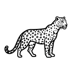 A sleek, stylized black and white illustration of a majestic leopard standing gracefully, showcasing its distinctive spotted coat and powerful presence.