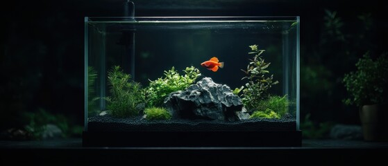 Ornamental fish tank with aquatic plants and rocks.