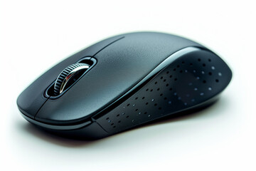 Black computer mouse with scroll wheel on white background