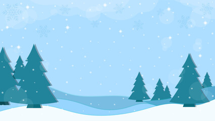 Snowy Scenery Of Pine Forest And Falling Snowflakes With Clear Blue Sky Background In Winter