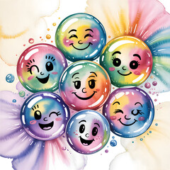 Watercolor painting of iridescent soap bubbles with whimsical faces floating against pale cream background