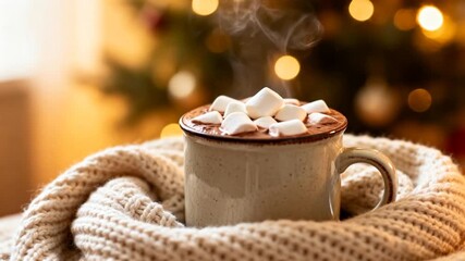 ceramic mug filled with hot chocolate topped with marshmallows, steam visible, cozy winter beverage and comforting holiday treat - Powered by Adobe