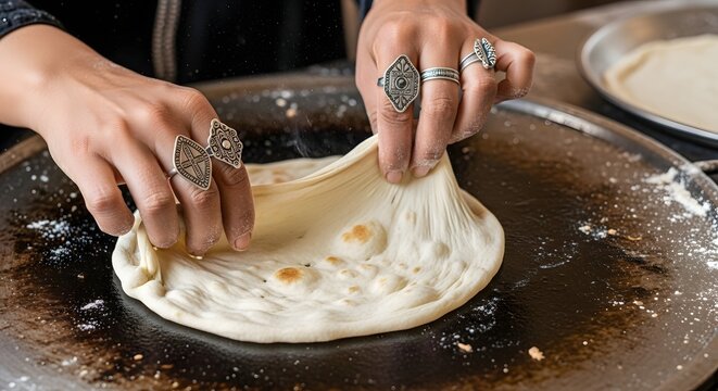 A woman from behind, kneading dough for traditional Khubz bread in a communal village oven.


