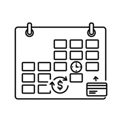 Line icon of a calendar with clock, money exchange symbol, and credit card for payment schedule