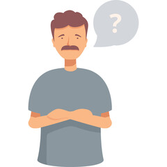 A Confused Man With Crossed Arms And A Question Mark Thought Bubble Above His Head In A Casual Grey T Shirt On A Transparent Background