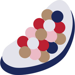A Top Down View Of A Small Serving Dish Filled With A Colorful Assortment Of Round Spheres In Various Shades Of Red Pink White And Blue With A Light Gray Rim And Dark Blue Base On A White Background