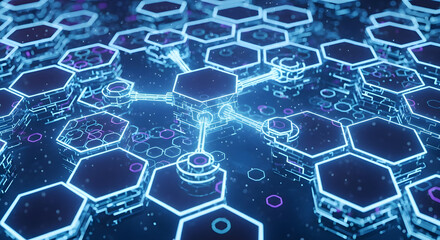 Fototapeta premium Abstract glowing blue hexagonal network pattern on a dark background, futuristic digital connection concept, science and technology illustration