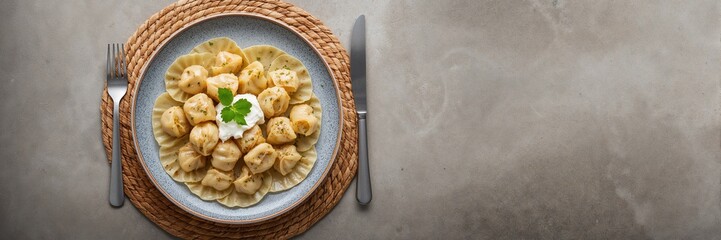 Fototapeta premium Boiled dumplings served with sour cream on a large plate, emphasizing traditional meal presentation, food safety inspection, and freshness assessment