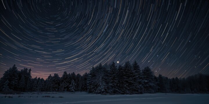 Night sky with falling shooting stars, star trails over a snowy forest during winter Christmas season, emphasizing seasonal climate and natural beauty