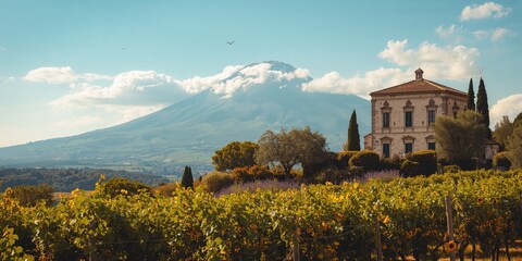 Obraz premium Vineyard near an ancient Roman city with Vesuvius in the background, summer travel scene, nature, wine production