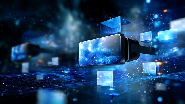 Virtual Reality Exploration: A virtual reality headset floats amidst a cascade of luminous, abstract forms.