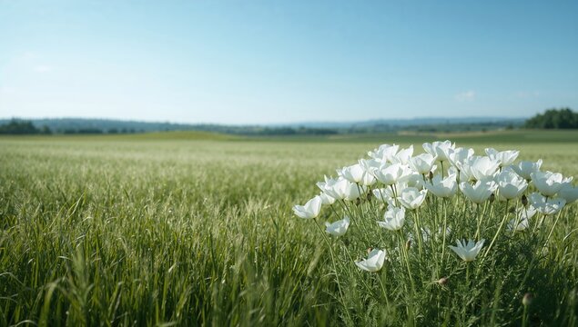 Large poppy field with white blossoms under a clear blue sky, serving as a background for text or design, Earth Day