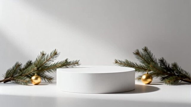 white cylindrical mockup product pedestal decorated with subtle pine branches and minimal golden ornaments, elegant holiday display and clean cosmetic branding