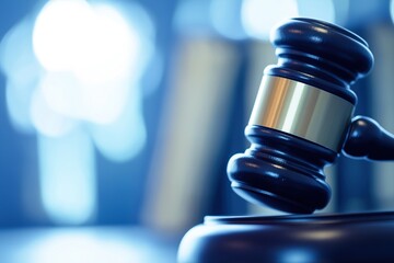 A closeup of an entire wooden gavel on a table with blurred background featuring law books and soft blue toned bokeh lights.