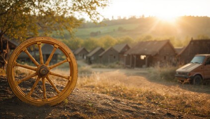Fototapeta premium Wooden wheel used in traditional craft work, emphasizing manual manufacturing techniques, cultural heritage preservation, World Craft Day