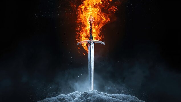 Silver sword engulfed in flames against Gothic architecture, emphasizing medieval fantasy themes