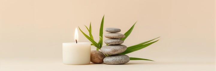 Obraz premium Spa arrangement with stacked stones, lit candle, and bamboo leaf, emphasizing relaxation and wellness practices, World Health Day