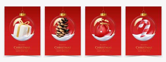Set of Christmas and New Year transparent glass balls with snow, isolated. Equally suitable for dark and light backgrounds.	