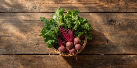 Fresh organic red beets with leaves in a wicker basket on a wooden table, suitable for rustic vegetable display, Autumn harvest.