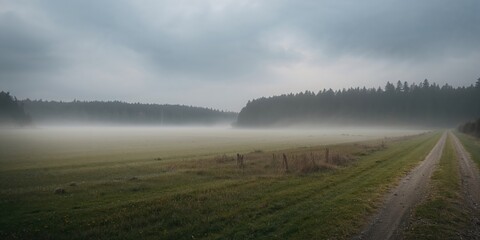 Foggy landscape featuring a forest and open field, suitable as a background for text or layouts
