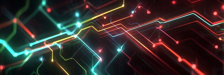 Illuminated Circuitry: A vibrant close-up of interconnected circuitry, glowing with an array of colors against a dark backdrop, representing the complex world of technology.