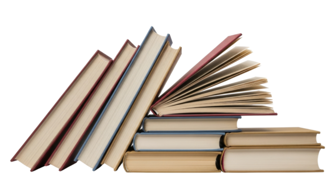 Stack of books with one open transparent background cutout png