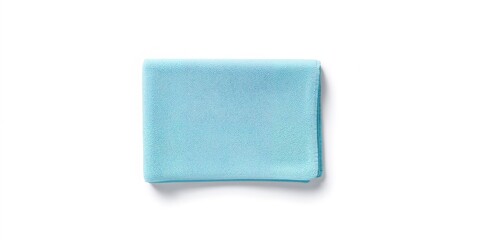 Obraz premium Light blue microfiber cloth isolated on white background used for cleaning tasks, emphasizing surface maintenance efficiency