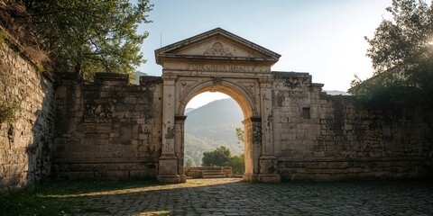 Ancient stone gate serving as the entry to the historic old town, emphasizing preservation of European architecture, World Heritage Day
