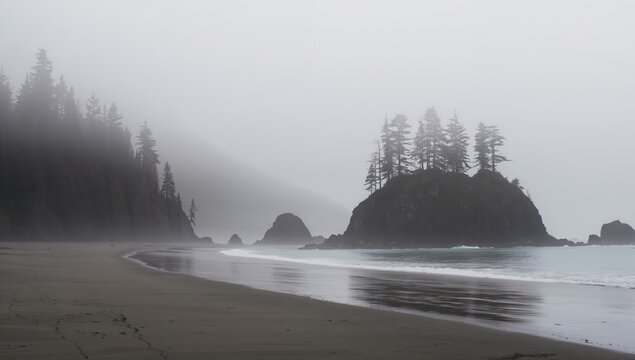 Misty morning scene with pine trees along a coastal shoreline, suitable as a background for text or layout, Earth Day