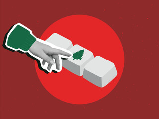 Black and white hand presses a button with a Christmas tree - the concept of starting Christmas. Modern collage style. Vector illustration