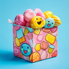 Obraz premium Playful candy box mockup with cartoon style graphics and vivid colors