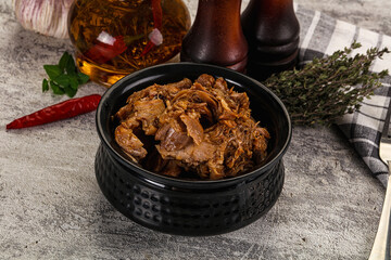Shredded slow cooked pork meat