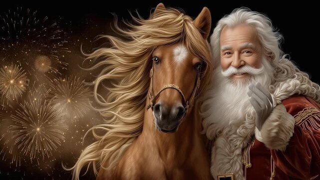 Santa Claus smiling beside glowing red fire horse with golden mane under fireworks in snowy sky, warm lantern light and sparkling snowflakes, festive scene joyful transition New Year Christmas