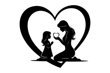Elegant black silhouette of a mother and child sharing a heart, representing the powerful bond of maternal love, family connection, and nurturing care