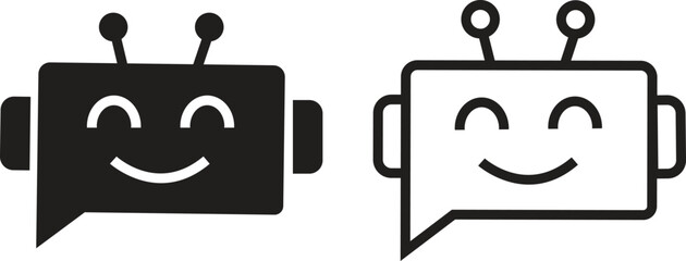 Chatbot flat and outline icon set featuring friendly robot head symbol with message bubble design. Vectors bot illustration for AI communication, customer support, automation concept and technology.