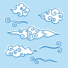 Set of Japanese Swirling Clouds Elements in blue and whhite color for fabric, wallpapers, poster, card in asian design and more.