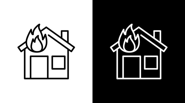 House On Fire White Icon Set Vector 