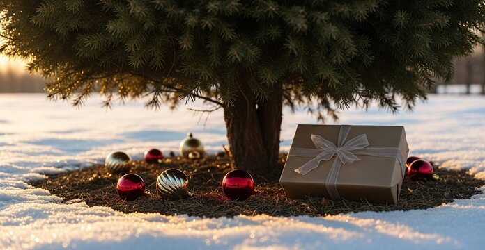 A festive gift box and colorful christmas ornaments are placed under a snowdusted evergreen tree, bathed in the warm glow of a winter sunset