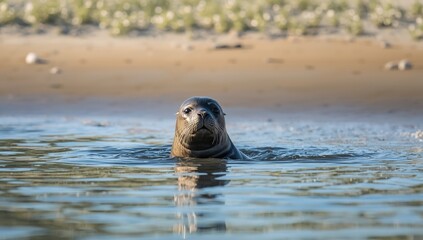 Fototapeta premium Harbor seal's head emerging from water near shoreline during spring, emphasizing coastal wildlife activity