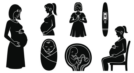 Expecting mothers and newborns icons in silhouette style design
