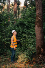 Obraz premium Forestry engineer inspecting trees in forest, taking notes on clipboard