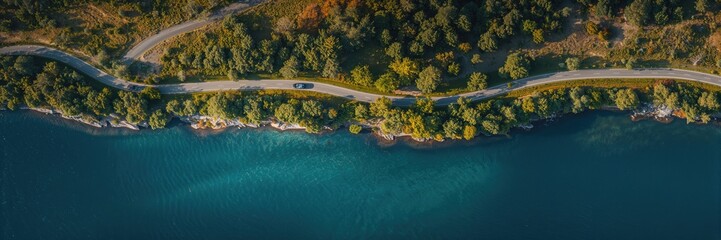 Aerial view of a rural road in summer, with lush trees and blue lakes nearby, emphasizing natural landscape preservation