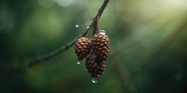 Wet pine cones on a twig after rain, emphasizing seasonal moisture and natural texture